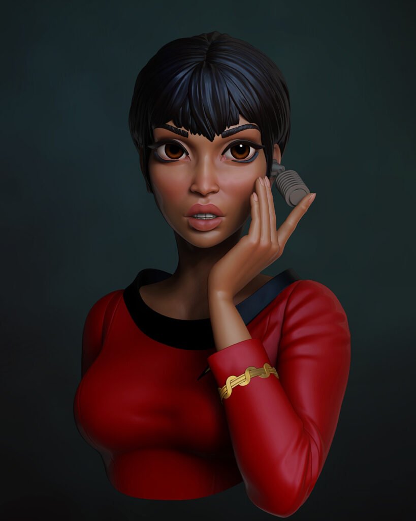 3D colour render - front view of Comms Officer bust - stylised 1/10th scale sci-fi STL file from the Sci-Fi Princesses series by Minichix Studio