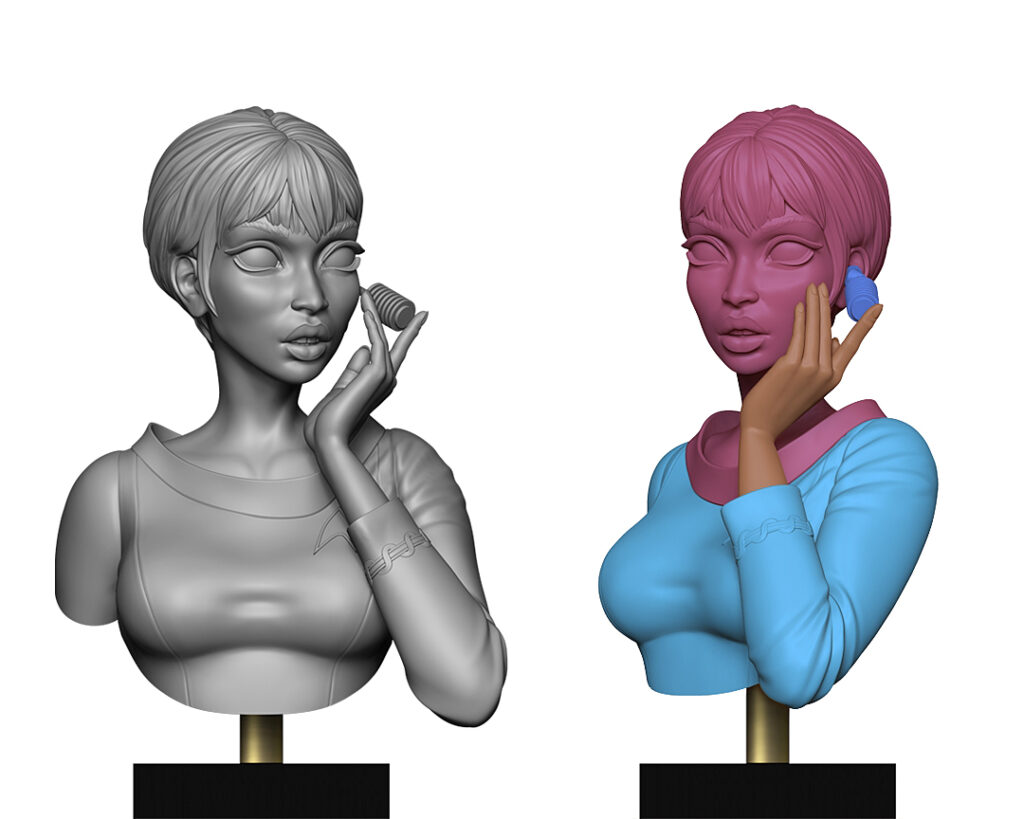 3D render and parts breakdown of Comms Officer bust - STL file for 3D printing by Minichix Studio