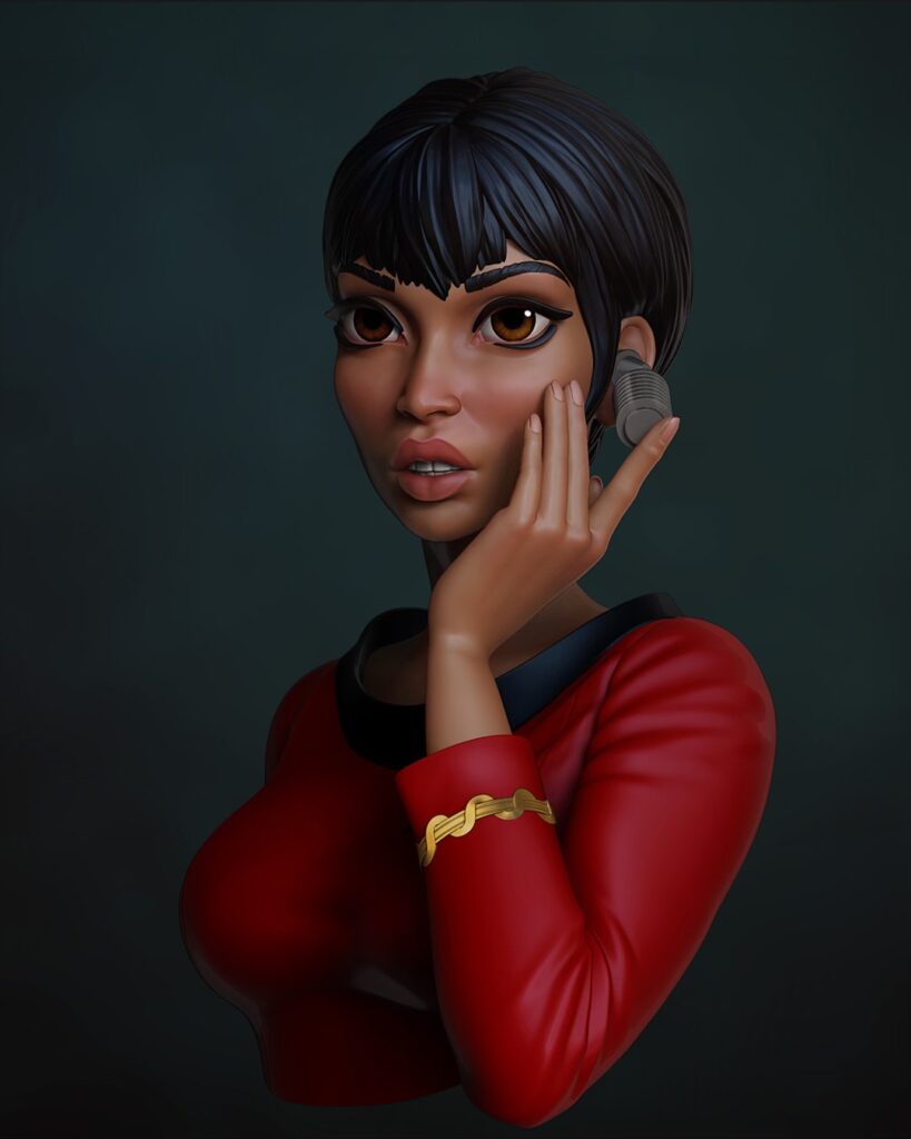 3D colour render - side angle view of Comms Officer bust - stylised 1/10th scale sci-fi STL file from the Sci-Fi Princesses series by Minichix Studio