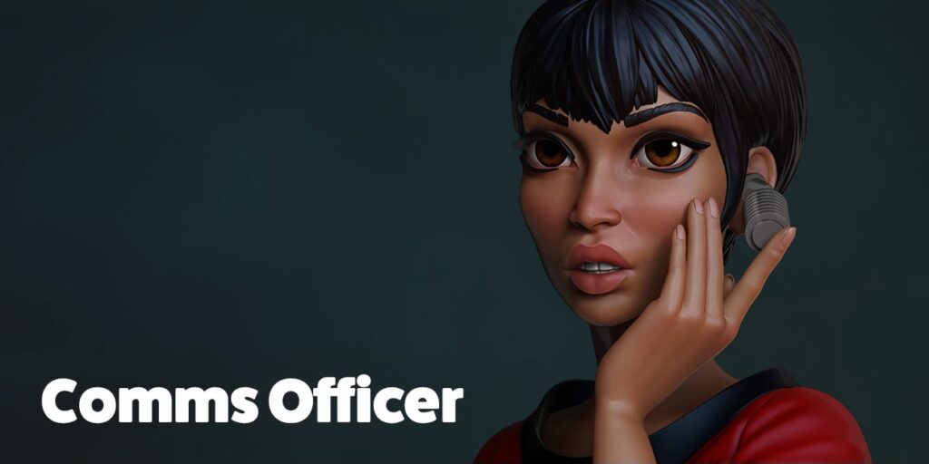 Close up 3D colour render of Comms Officer bust - stylised 1/10th scale sci-fi STL file from the Sci-Fi Princesses series by Minichix Studio