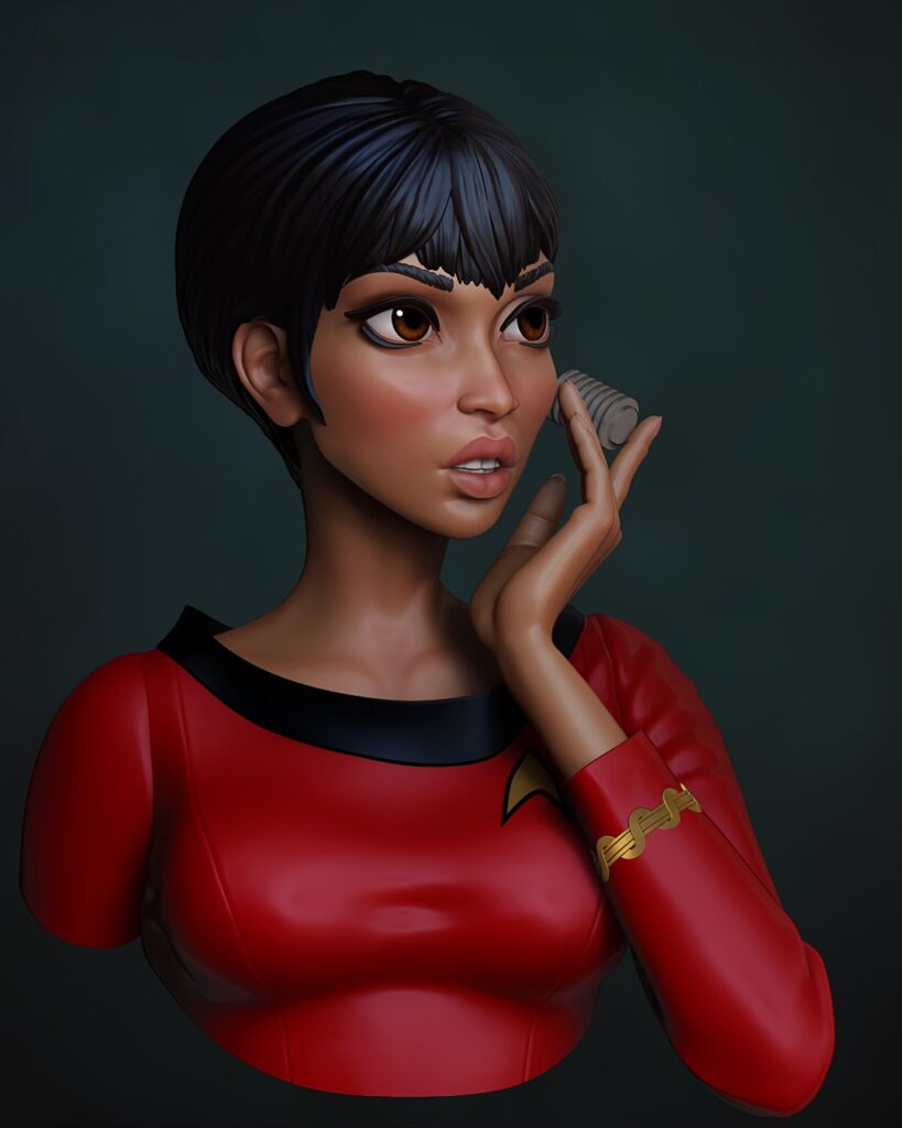 3D colour render - slight angle view of Comms Officer bust - stylised 1/10th scale sci-fi STL file from the Sci-Fi Princesses series by Minichix Studio