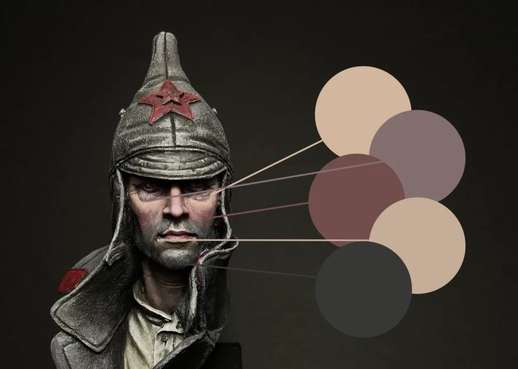Colour swatches showing "3 zone" method for natural-looking skin tones - finished model from Minichix Studio tutorial