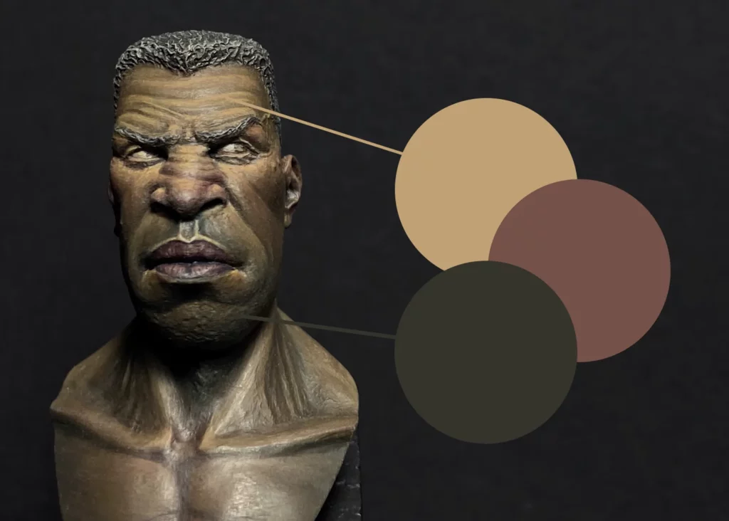 Colour swatches showing "3 zone" method for natural-looking dark skin tones - finished painting on Jamal, from Minichix Studio tutorial