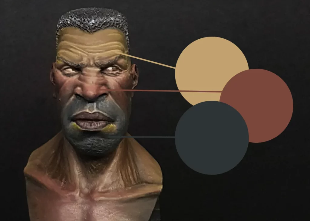 Colour swatches showing "3 zone" method for natural-looking dark skin tones - Jamal WIP from Minichix Studio tutorial