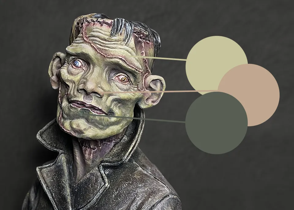 Colour swatches showing subtle transitions using "3 zone" method for painting fantastical skin – Minichix Studio tutorial - featuring The Creature