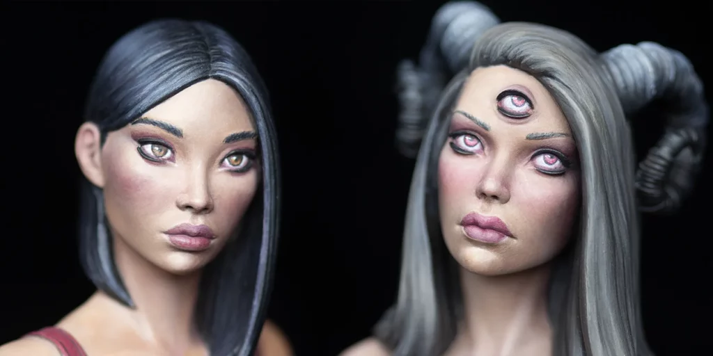 Main image for Minichix Studio article on using the '3 zone' method for painting natural-looking skin tones - showing Yami and Noir busts