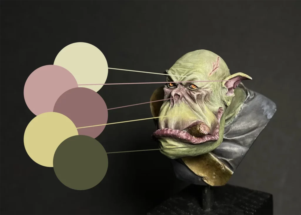 Colour swatches showing subtle transitions in "3 zone" method for painting green skin – Minichix Studio tutorial