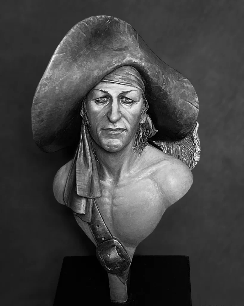 Greyscale version of painted Sad pirate bust by Latorre featured in Minichix Studio article on checking contrast in miniature painting