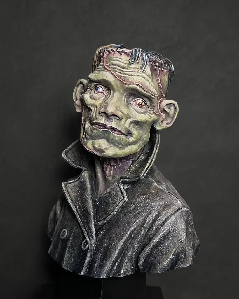 Colour image of painted The Creature (Frankie) bust by FER Miniatures featured in Minichix Studio article on checking contrast in miniature painting