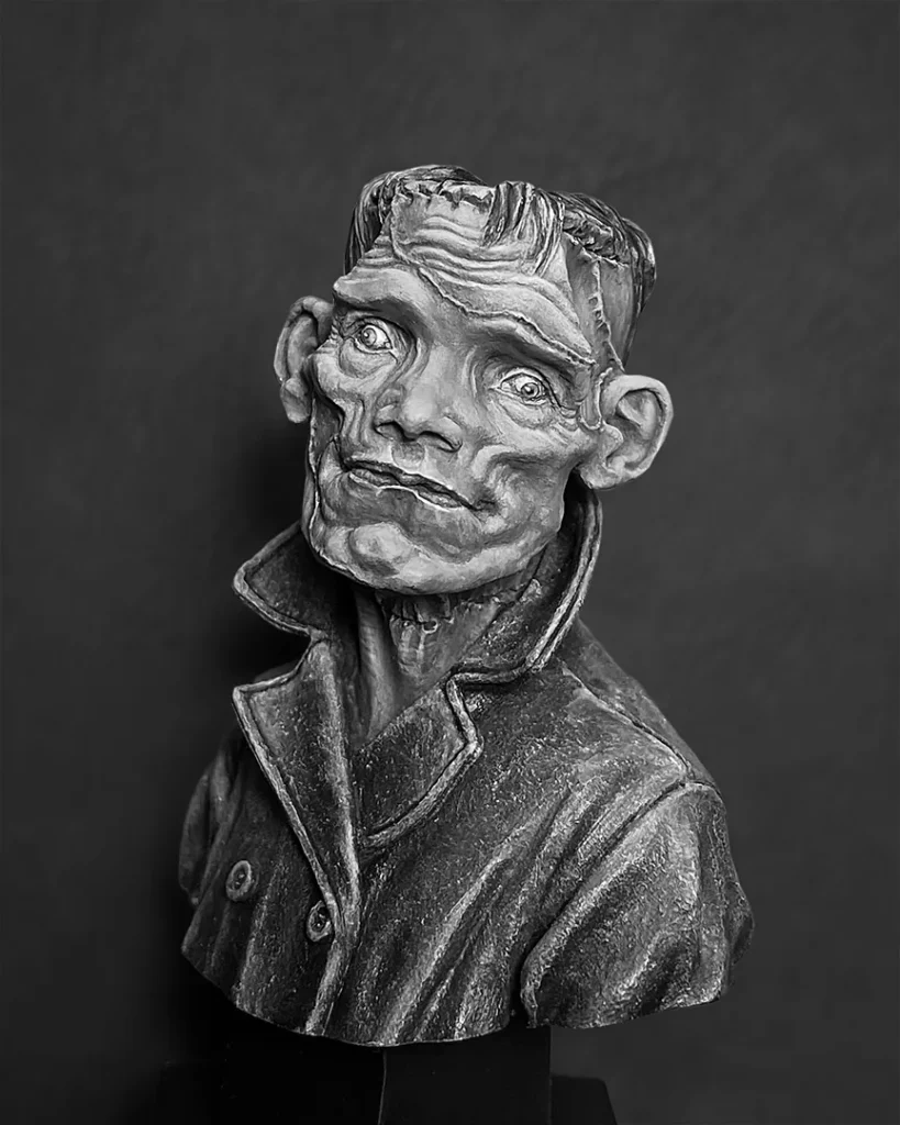 Greyscale version of painted The Creature (Frankie) bust by FER Miniatures featured in Minichix Studio article on checking contrast in miniature painting