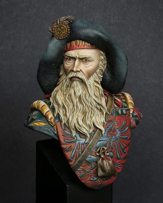 Colour photo of painted Landcknecht bust featured in Minichix Studio article on checking contrast in miniature painting