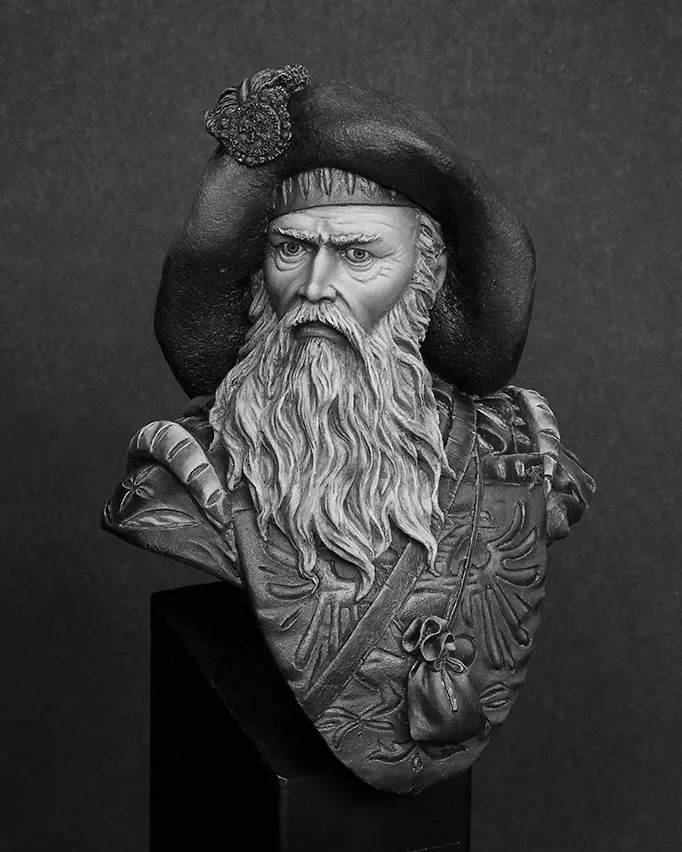 Greyscale version of painted Landcknecht bust featured in Minichix Studio article on checking contrast in miniature painting
