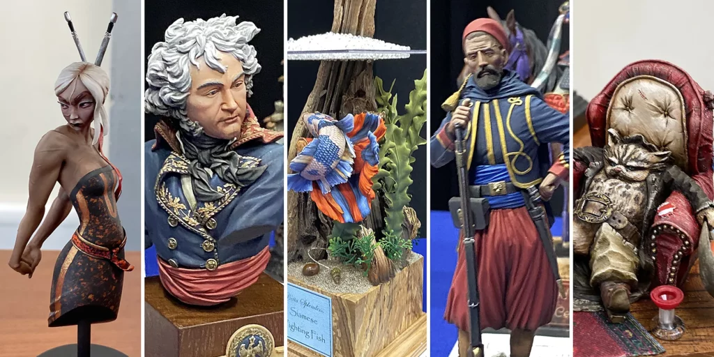 Main photo for Minichix Studio event report from the Cheshire Military miniature show - featuring various models from painting competition