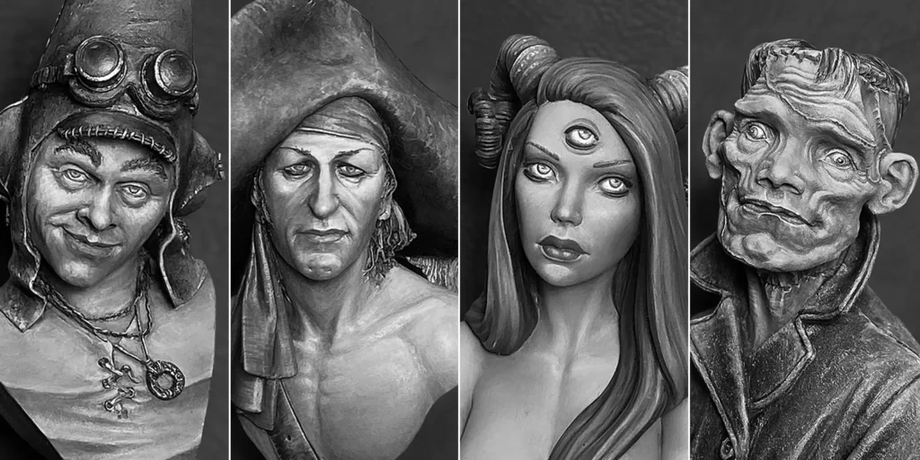 Main image for Minichix Studio article on checking contrast in miniature painting - featuring Sad Pirate, JMD Pilot, The Creature, and Noir busts