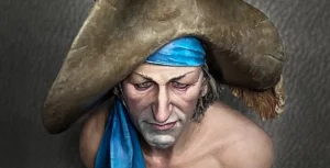 Featured photo for Minichix Studio article on painting realistic leather on miniatures - close-up of Sad Pirate bust.