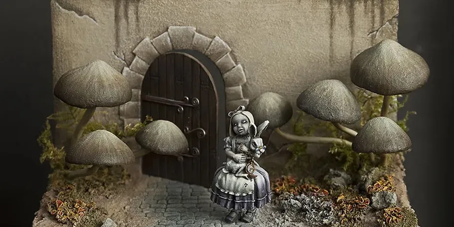 Main photo for Minichix Studio article about making mushrooms for dioramas and scenic bases - featuring Little Alice from Smog 1888