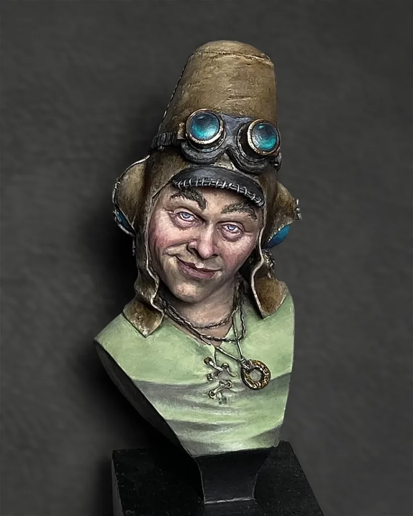 Colour photo of painted JMD Pilot bust featured in Minichix Studio article on checking contrast in miniature painting