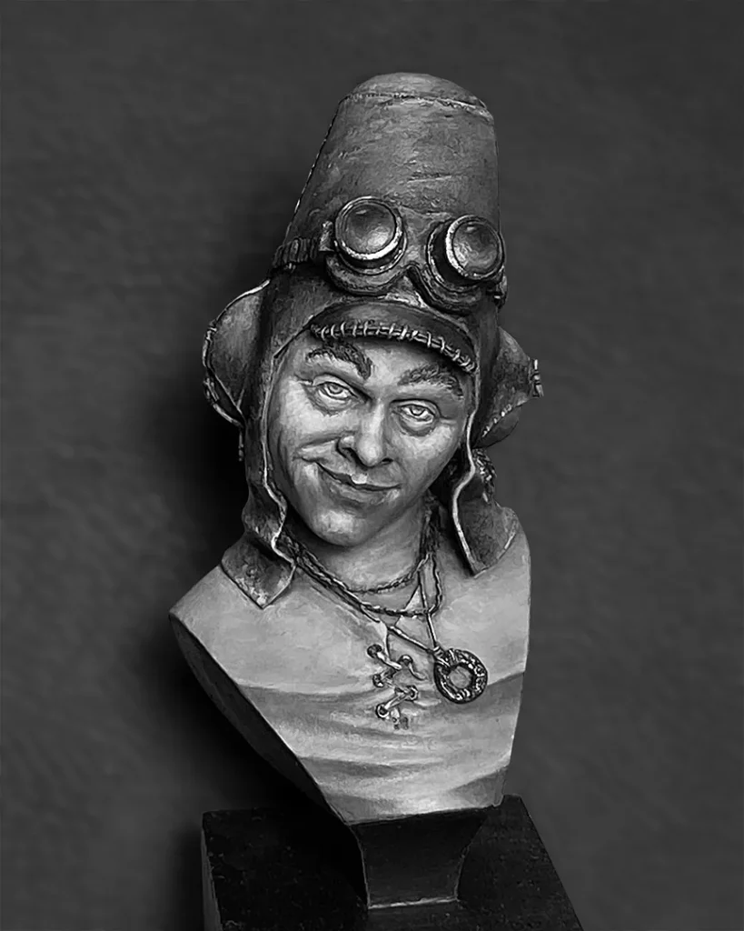 Greyscale version of painted JMD Pilot bust featured in Minichix Studio article on checking contrast in miniature painting
