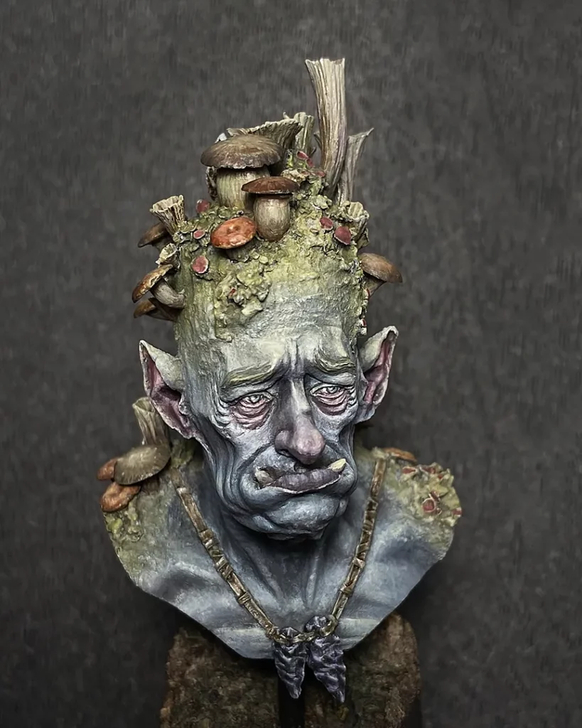 Colour photo of painted Flap (mushroom troll) bust by Figone featured in Minichix Studio article on checking contrast in miniature painting