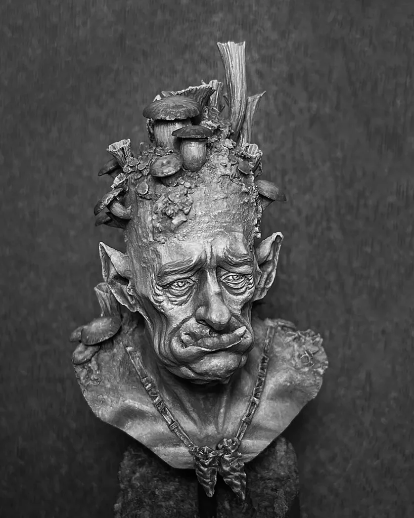 Greyscale version of painted Flap (mushroom troll) bust by Figone featured in Minichix Studio article on checking contrast in miniature painting