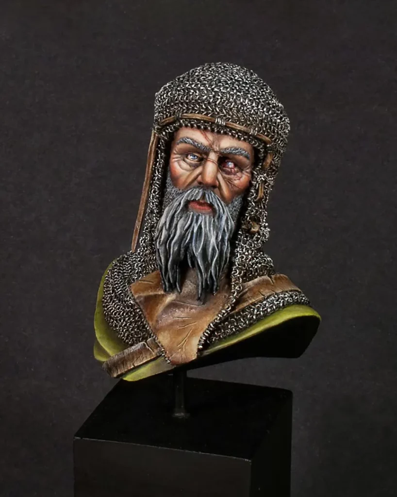Colour photo of painted JMD Veteran bust featured in Minichix Studio article on checking contrast in miniature painting