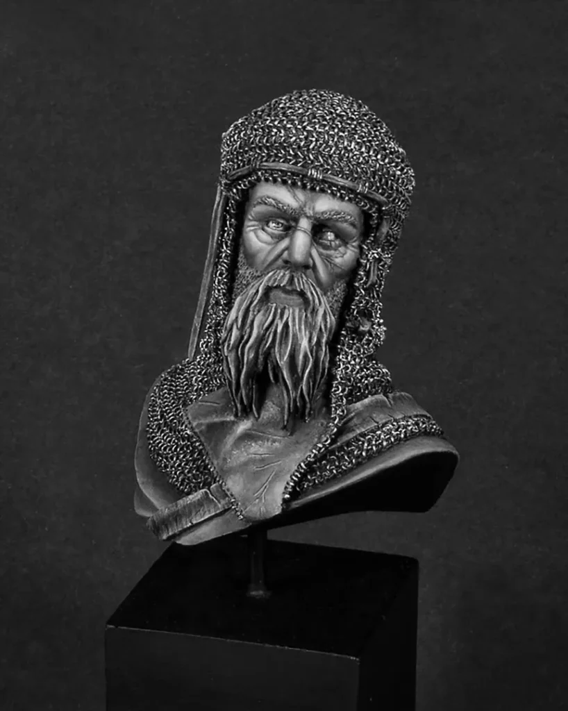 Greyscale version of painted JMD Veteran bust featured in Minichix Studio article on checking contrast in miniature painting
