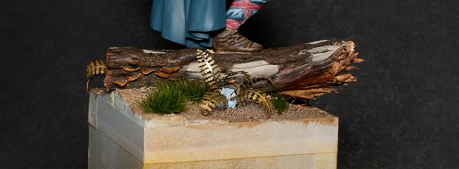 Dry-fitting brass-etched fern leaves to the scenic base - different angle - Minichix Studio tutorial on building miniature base.