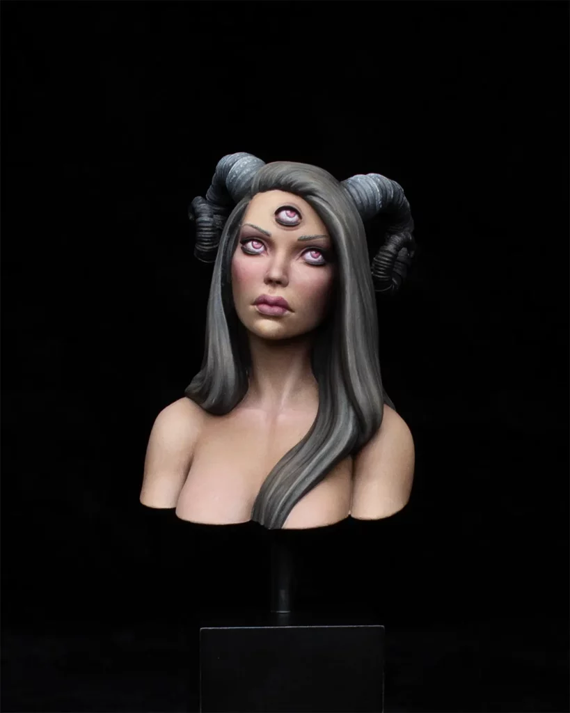 Noir, fantasy bust by Minichix Studio, on black background showcasing nuances of the paint job by Marta Slusarska