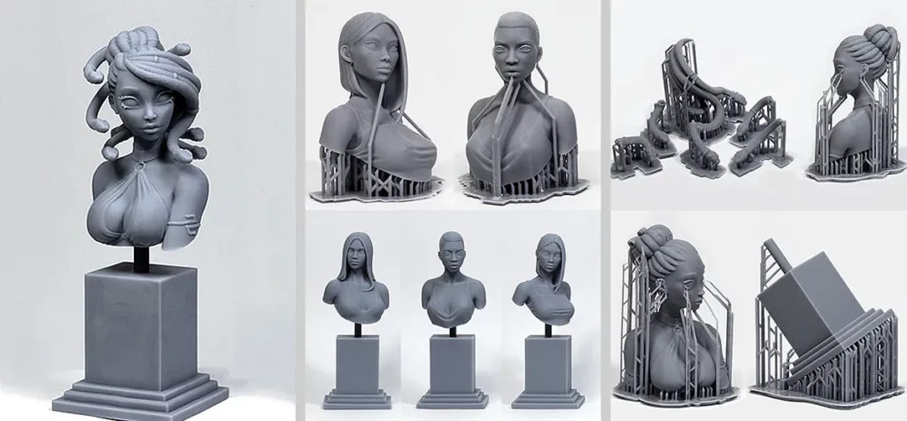 Examples of high-quality models by Minichix Studio - about section - showing 3D printed models in various stages of clean-up