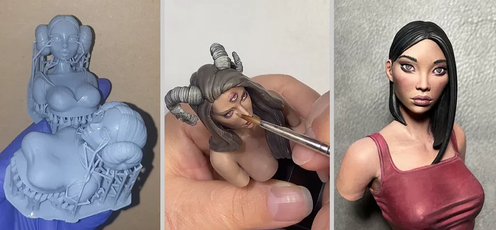 Examples of high-quality models by Minichix Studio for the about section - showcasing 3D printed models in various stages of painting