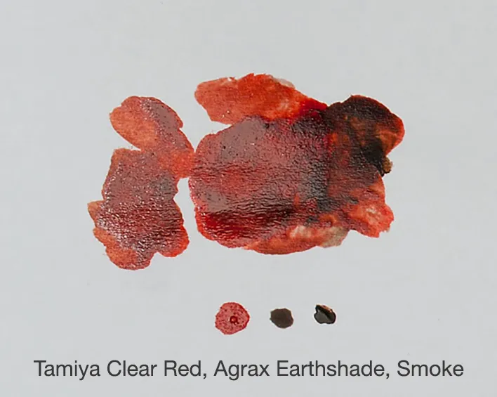 Selection of paints used to create realistic blood effect for miniatures - technical tutorial by Minichix Studio (version 1)