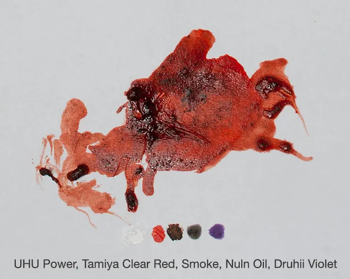 Selection of paints used to create realistic blood effect for miniatures - technical tutorial by Minichix Studio (version 4)