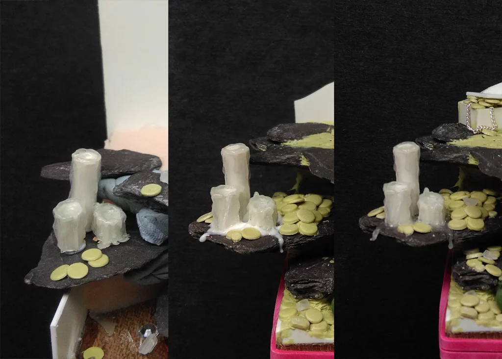 Close-up photos showing different stages of adding melted wax to miniature candles for Pirate Base - tutorial by Minichix Studio