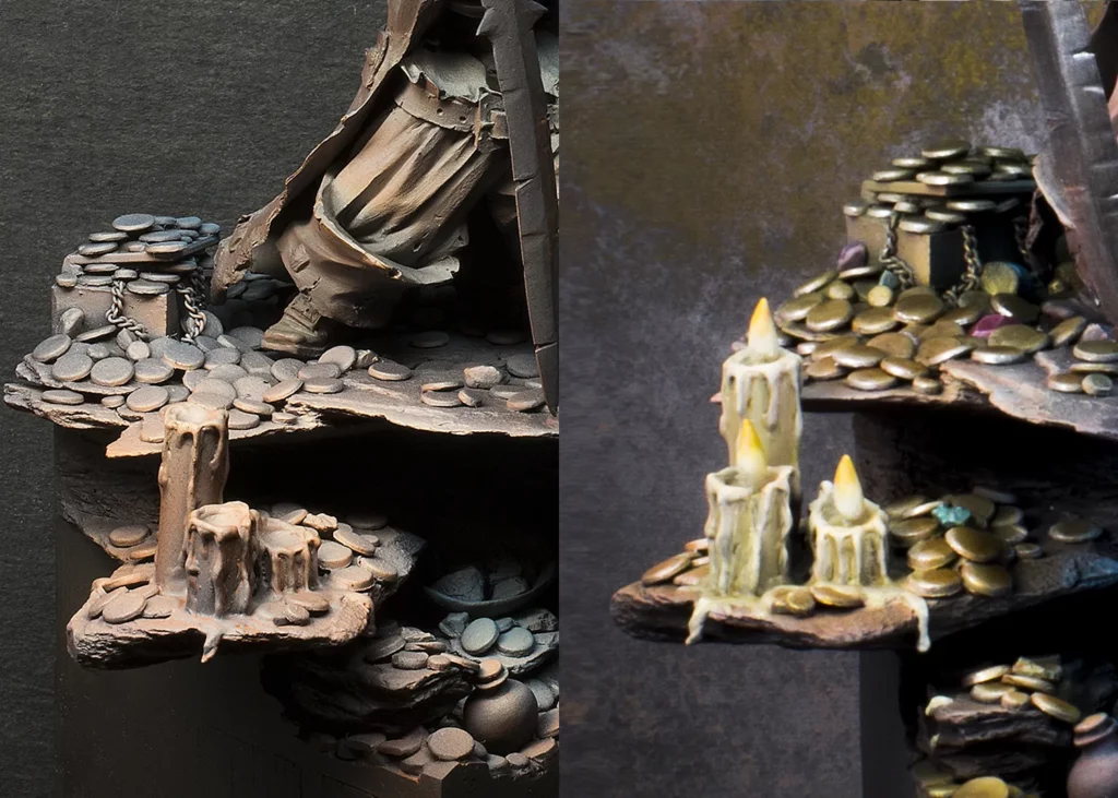 Close-up of miniature candles on pirate-themed base before and after painting - step-by-step tutorial by Minichix Studio