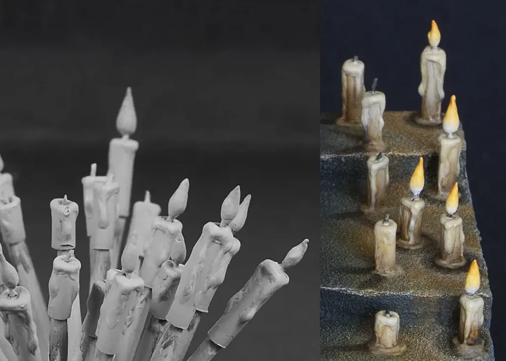Close-up of miniature candles before and after painting - step-by-step tutorial by Minichix Studio