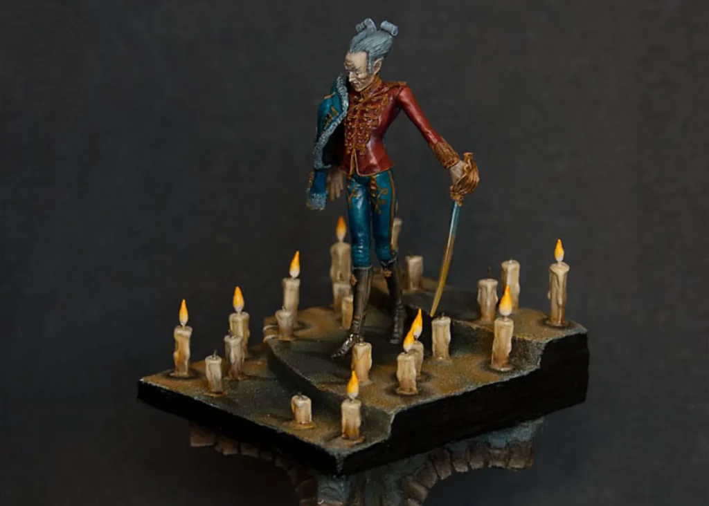 Side view of finished base with miniature candles showing OSL lighting effect - tutorial by Minichix Studio
