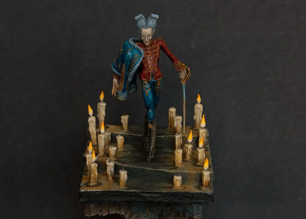 Front view of finished base with miniature candles showing OSL lighting effect featured in Minichix Studio tutorial