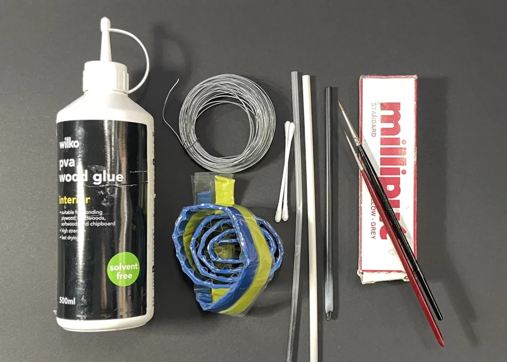 Materials and tools used to create miniature candles for scenic bases - tutorial by Minichix Studio