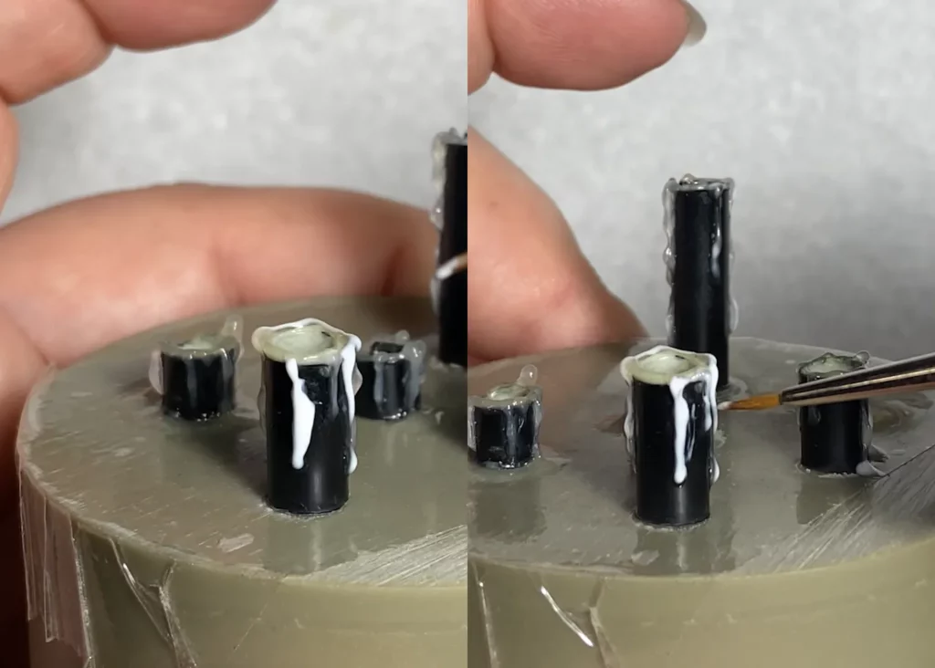 Close-up showing how to clean-up spilled PVA glue during candle-making process - step-by-step scenic base tutorial by Minichix Studio