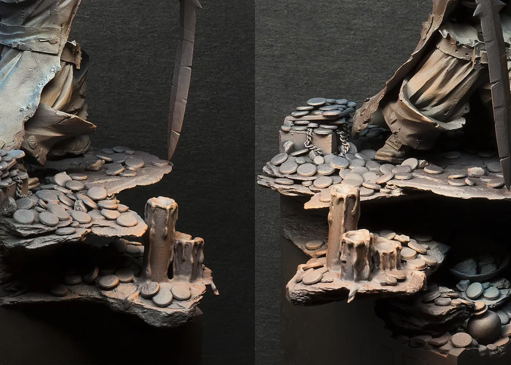Airbrushing warm orange light effect on miniature candles - step-by-step miniature painting tutorial by Minichix Studio.