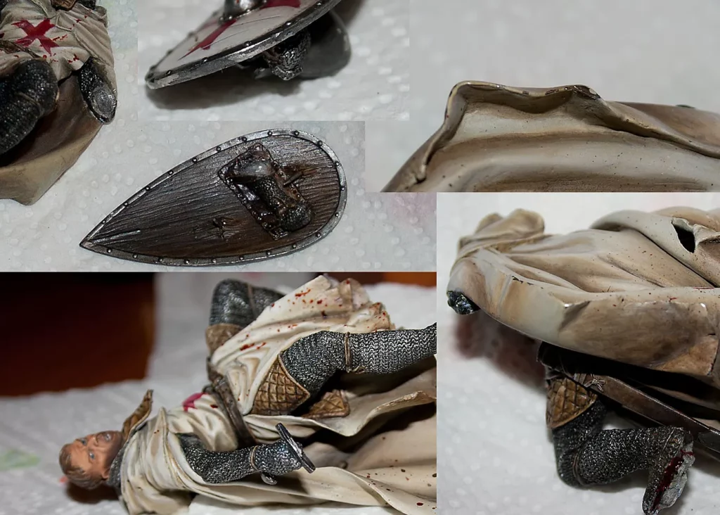 Damage caused by unsufficient pinning - beginner tutorial on mounting miniatures by Minichix Studio, featuring Templar Knight by Pegasso - close up