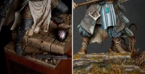 Featured image for Minichix Studio article about the benefits of properly mounting miniatures - featuring Templar Knight and Urmuth.