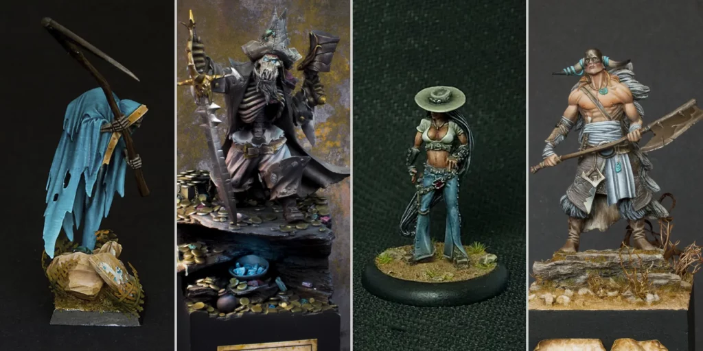 Mastering Mounting Miniatures - main photo featuring Cairn Wraith, Pedrita, Kaptain Albrok and Urmuth - article by Minichix Studio.