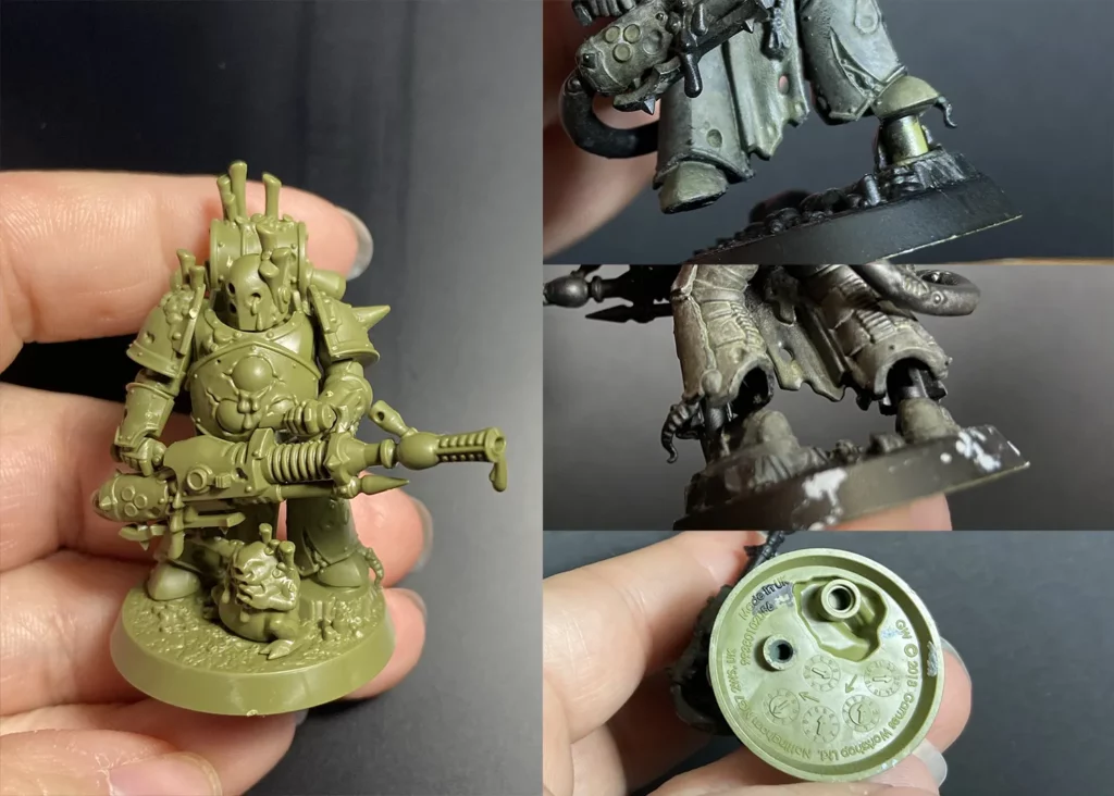 Pinning a miniature using a clip-on method – beginner tutorial on mounting miniatures by Minichix Studio, featuring a WH40K Nurgle Marine
