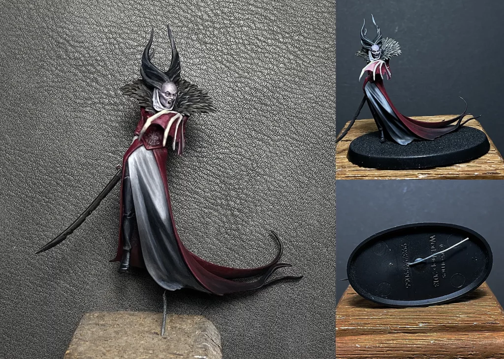 Pinning a miniature using metal pins – beginner tutorial on mounting miniatures by Minichix Studio, featuring Lady Annika, WIP