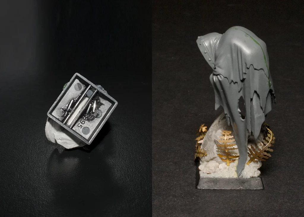 Pinning plastic miniature with a scenic base – beginner tutorial on mounting miniatures by Minichix Studio, featuring Cairn Wraith.