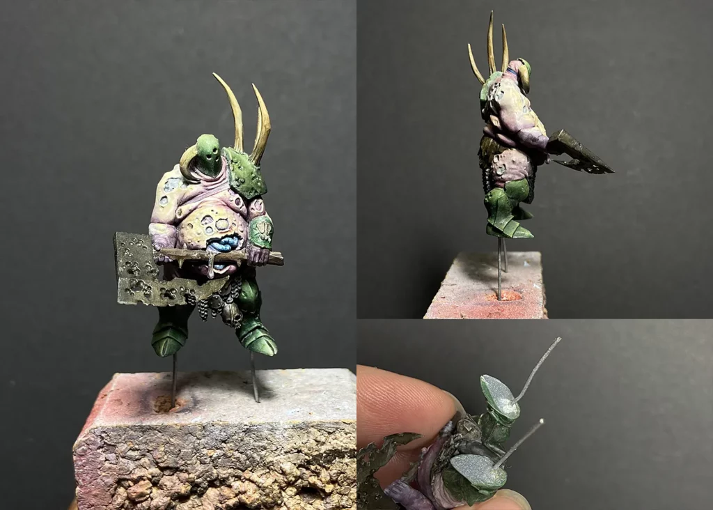 Pinning plastic miniature using metal pins - beginner tutorial on mounting miniatures by Minichix Studio, featuring Nurgle Lord of Plagues.