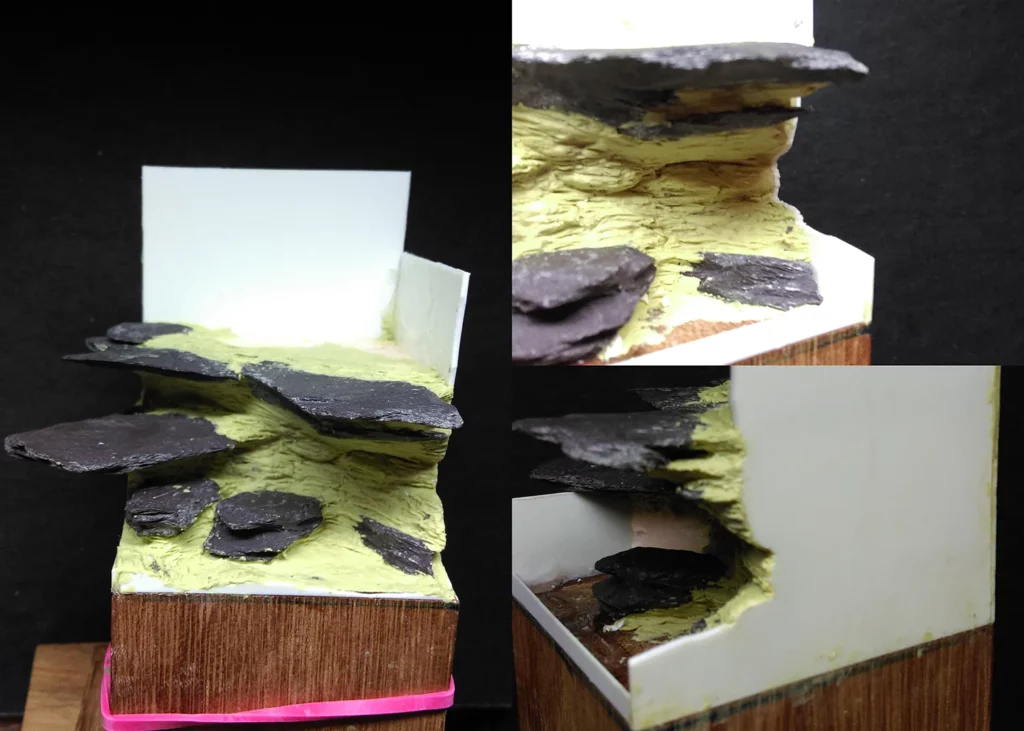 Stages of creating rocks for the pirate base- step-by-step miniature painting tutorial by Minichix Studio.