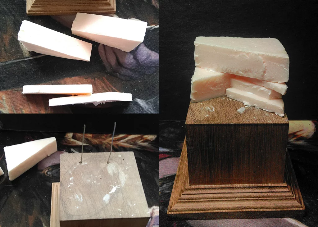 Stages of securing foam to the plinth - step-by-step miniature painting tutorial by Minichix Studio.