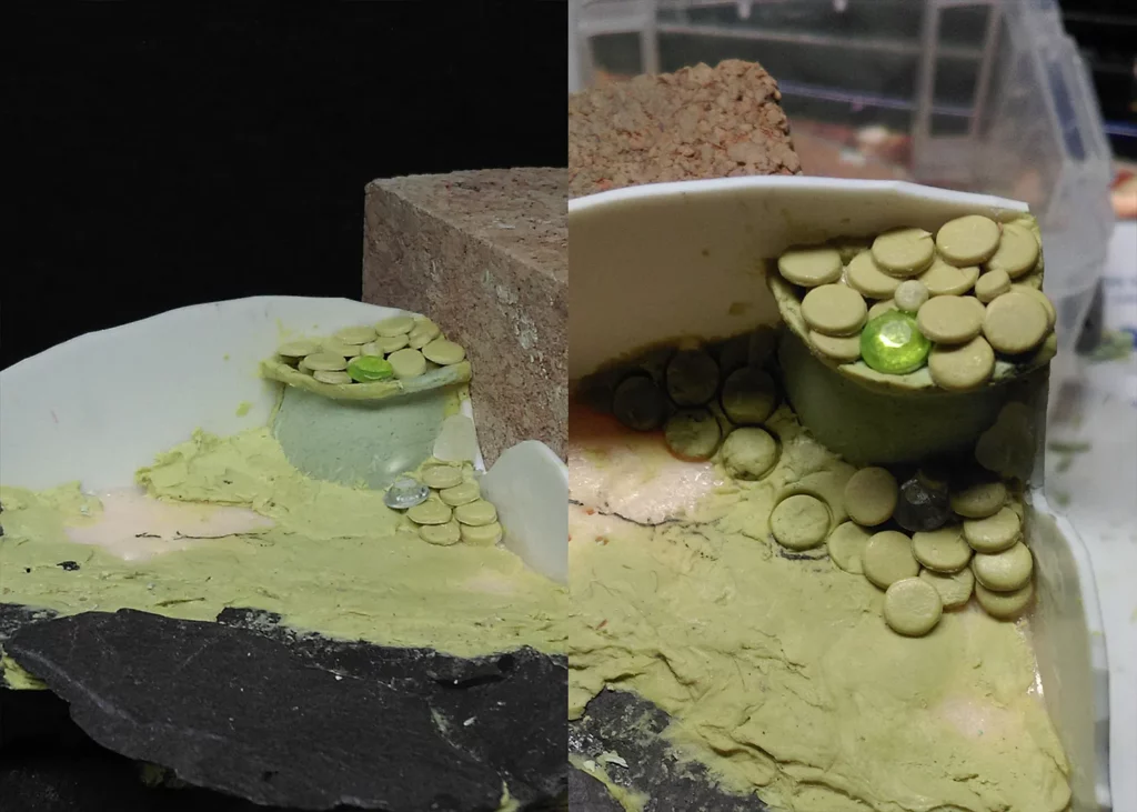 Close-up showing adding coins to the pirate base - step-by-step miniature painting tutorial by Minichix Studio.